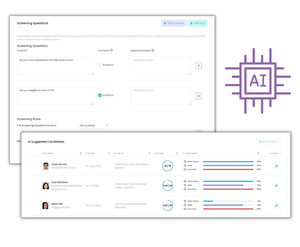 Screening questions with knockout settings and an AI-scored candidate list in Talenteria