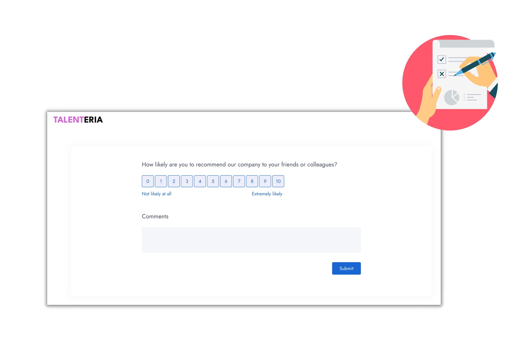 Candidate NPS survey form in Talenteria with a 0–10 scale and comment box