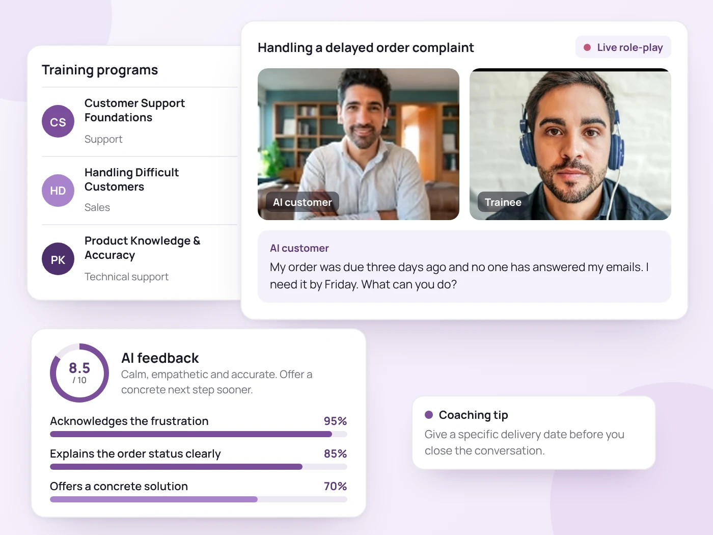 Talenteria AI Training: training programs, a live role-play with an AI customer about a delayed order, and AI feedback scoring the trainee 8.5 out of 10 with a coaching tip