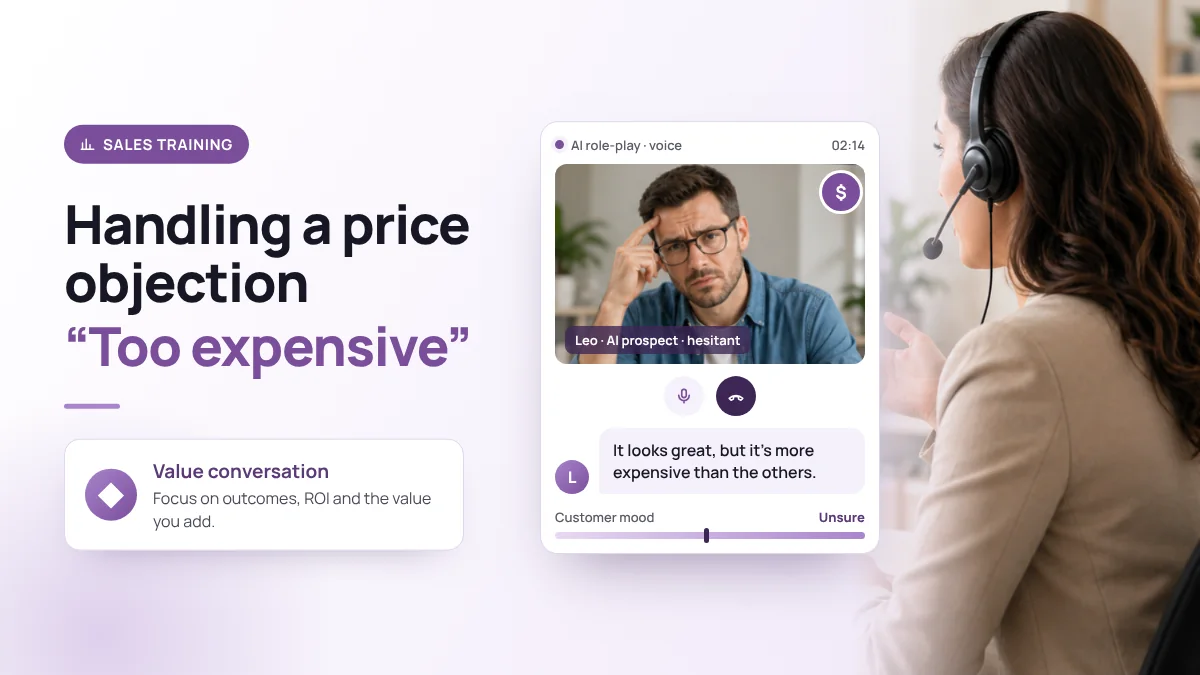 AI role-play: a sales rep on a call with Leo, an AI prospect who says the product is too expensive