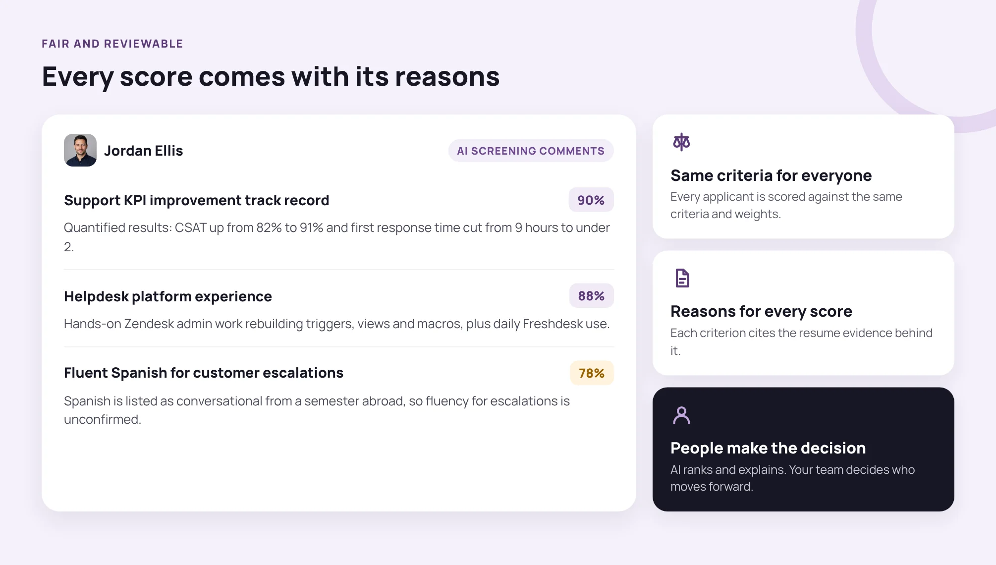 AI screening comments in Talenteria explaining the fit score for each criterion, with the resume evidence behind it