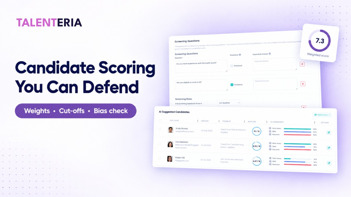 Candidate Scoring You Can Defend: weights, cut-offs and bias check, shown with the Talenteria AI-scored candidate list
