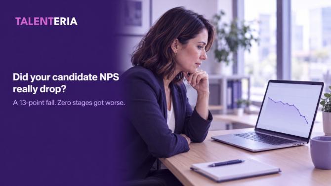 HR professional looking at a laptop chart that dips, beside the headline "Did your candidate NPS really drop?" and the line "A 13-point fall. Zero stages got worse."