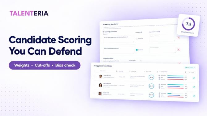 Candidate Scoring You Can Defend: weights, cut-offs and bias check, shown with the Talenteria AI-scored candidate list